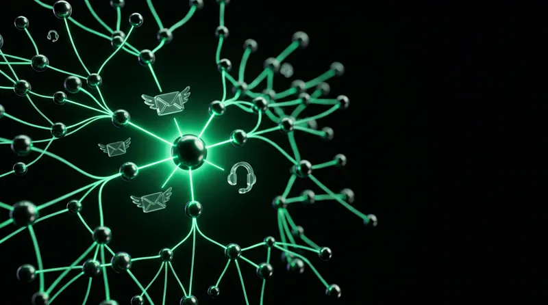 Network of glossy spheres joined by emerald light lines, AI agents by BBR Tek
