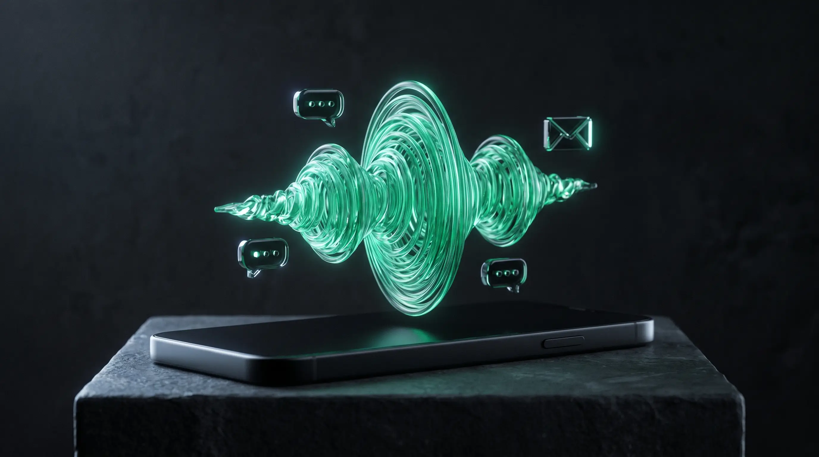 Emerald audio waveform rising from a smartphone, Closer AI sales engine by BBR Tek