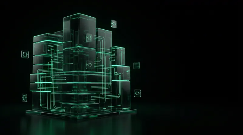 Translucent glass modules connected by emerald blueprint lines, custom software by BBR Tek