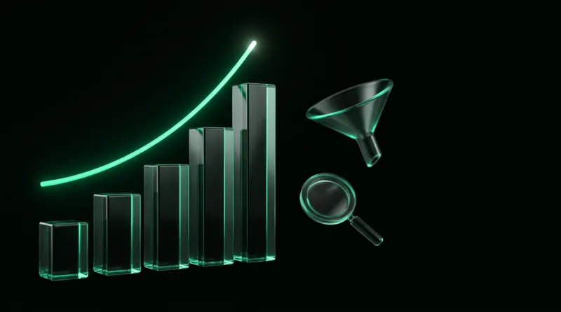Rising glass bar chart with an emerald curve, a funnel and a magnifier, growth services by BBR Tek