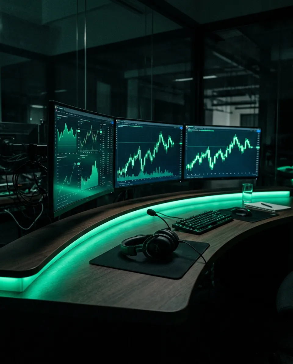 Dark operations desk with three monitors showing emerald trading charts